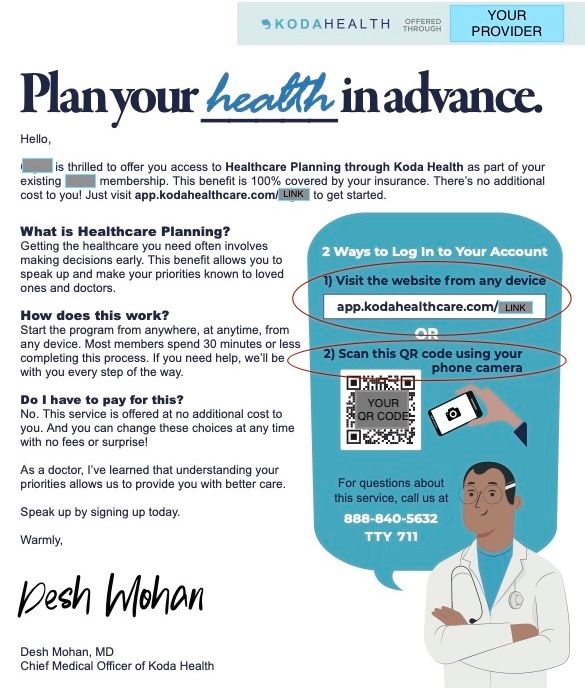 Example of an enrollment letter from Koda Health